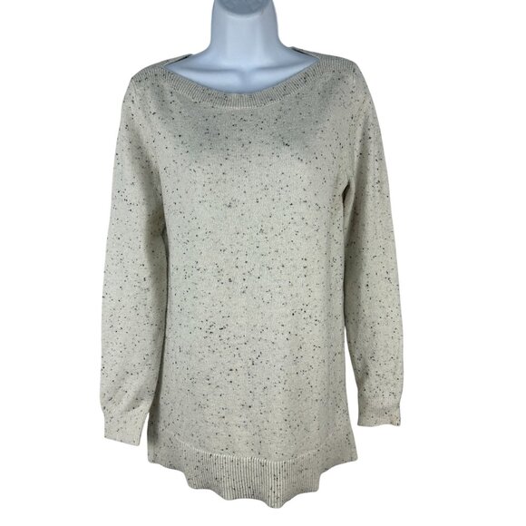 Loft Womens Speckled Knit Sweater Long Sleeve Crew Neck Size M Beige & Black - Picture 1 of 4